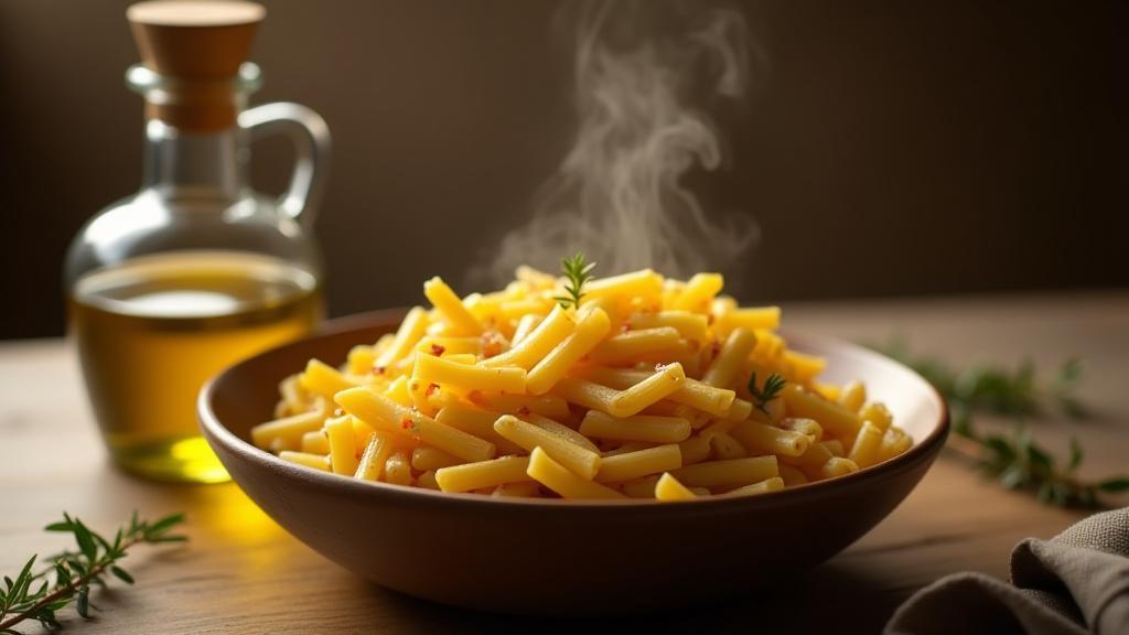 Delicious pasta and olive oil bottle on a rustic table.