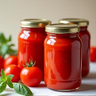 Jars of artisanal tomato sauce.